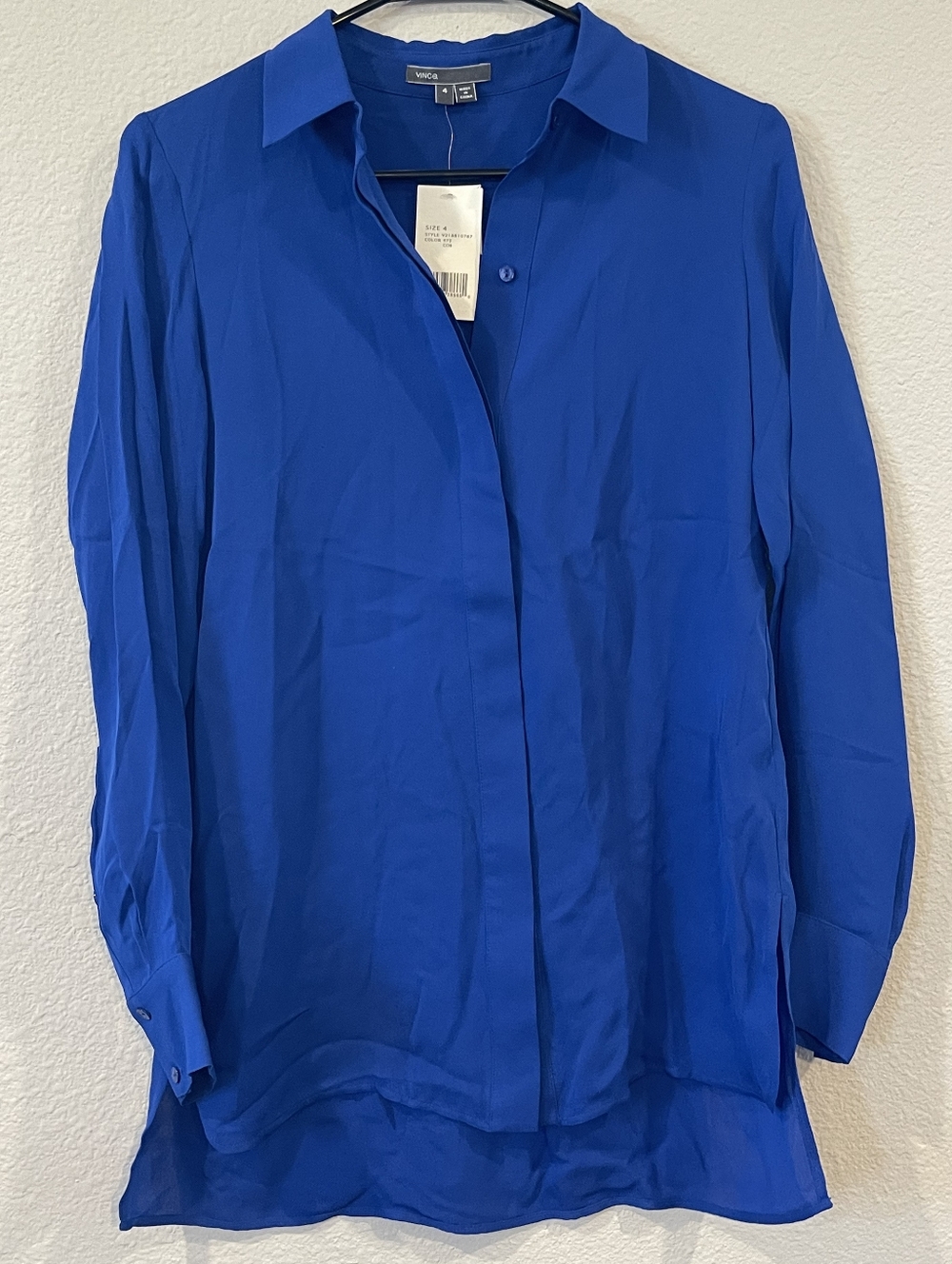 NWT VINCE Vintage Y2K Cobalt Blue Silk Button Up Long Sleeve Shirt Blouse Size 4